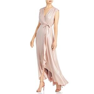 AQUA Sparkly Satin High Low Sleeveless Wrap Evening Gown Pink Size 6 Dress